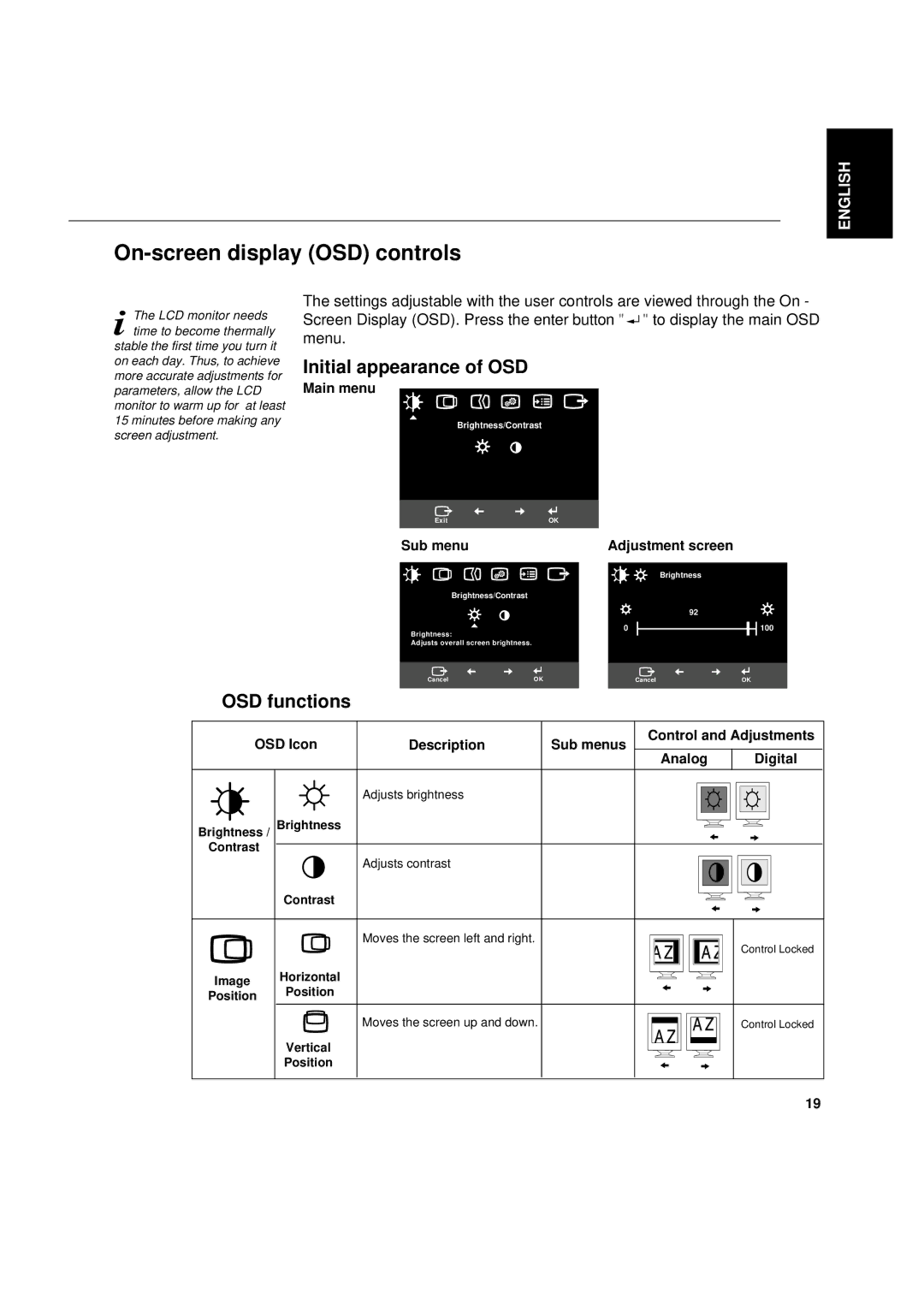 IBM L180p manual On-screen display OSD controls, Initial appearance of OSD 