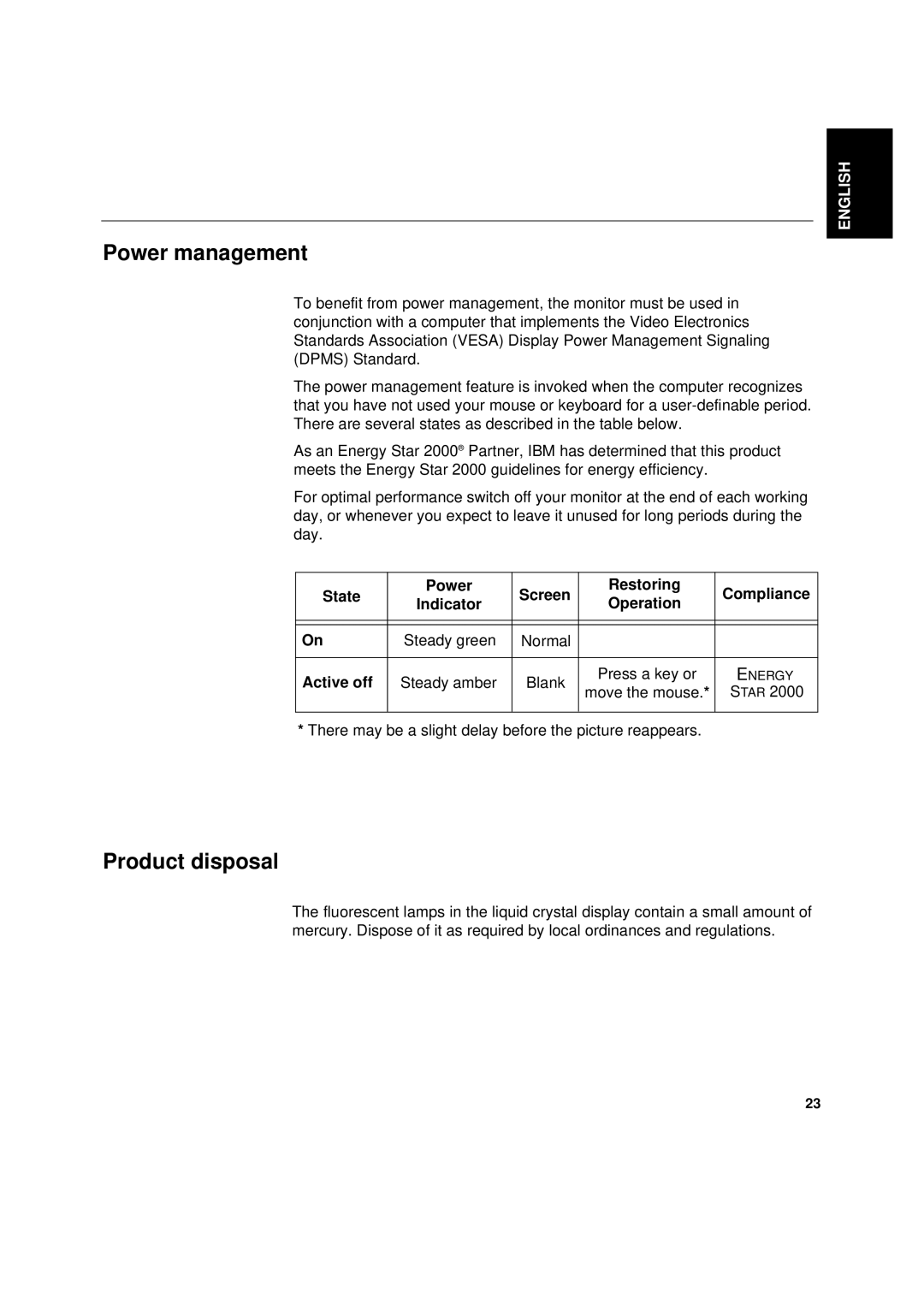 IBM L180p manual Power management, Product disposal, Move the mouse TAR 