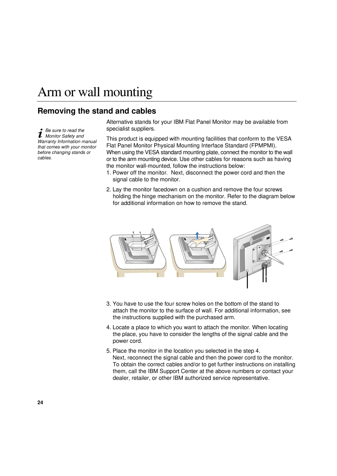 IBM L180p manual Arm or wall mounting, Removing the stand and cables 