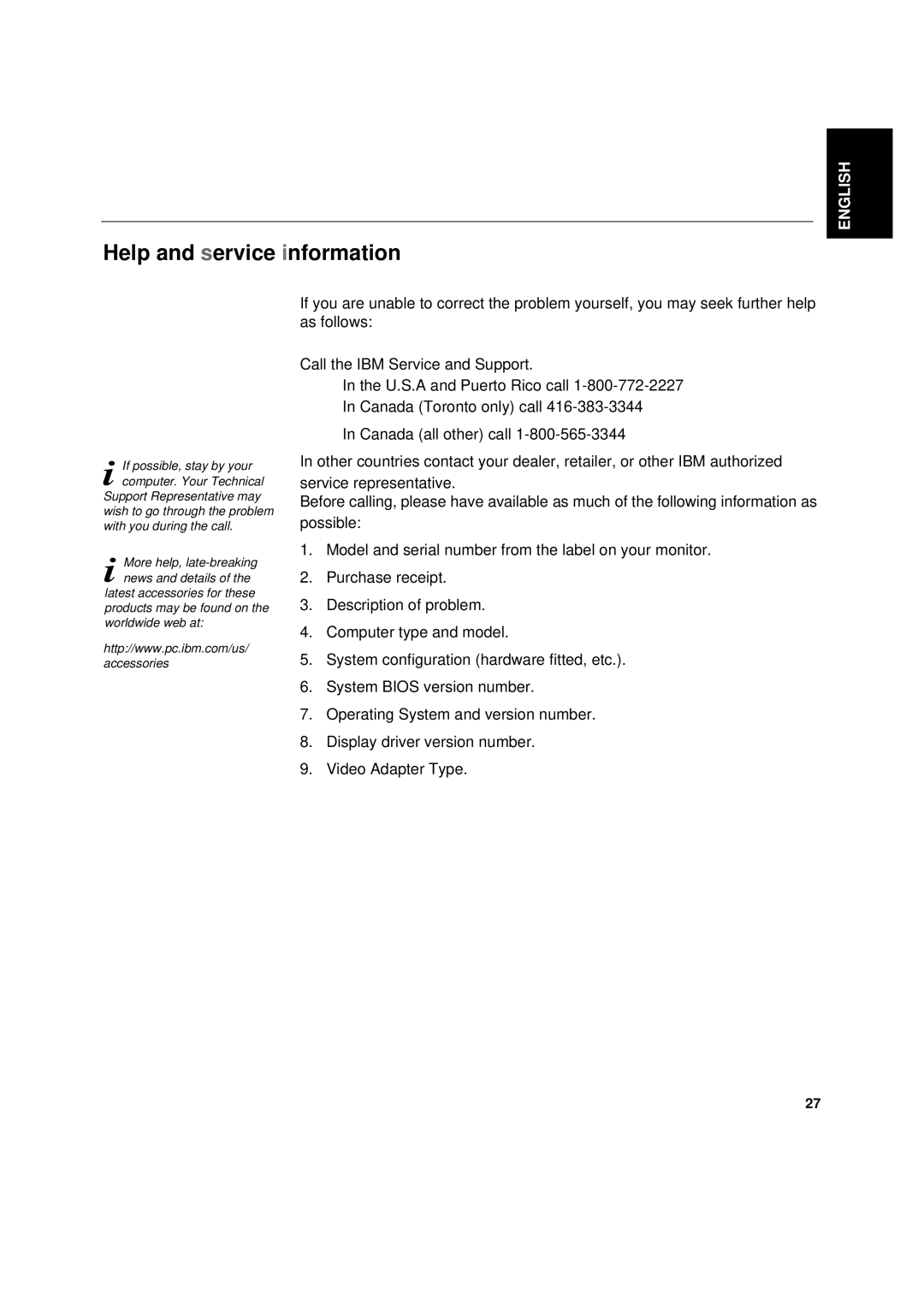 IBM L180p manual Help and service information 