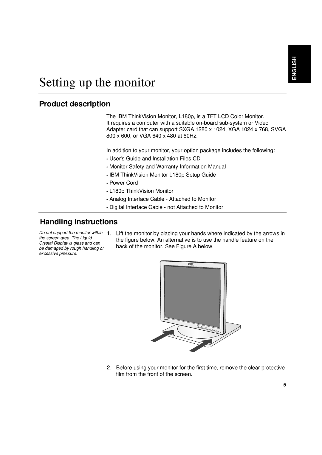 IBM L180p manual Setting up the monitor, Product description, Handling instructions 