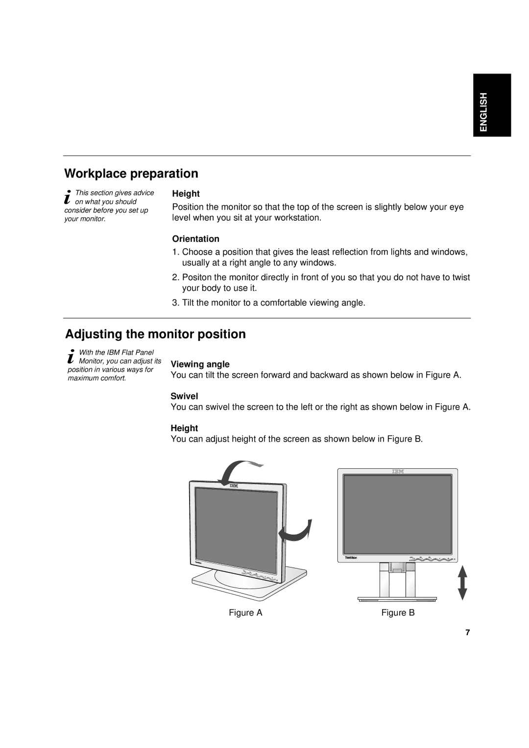 IBM L180p manual Workplace preparation, Adjusting the monitor position 