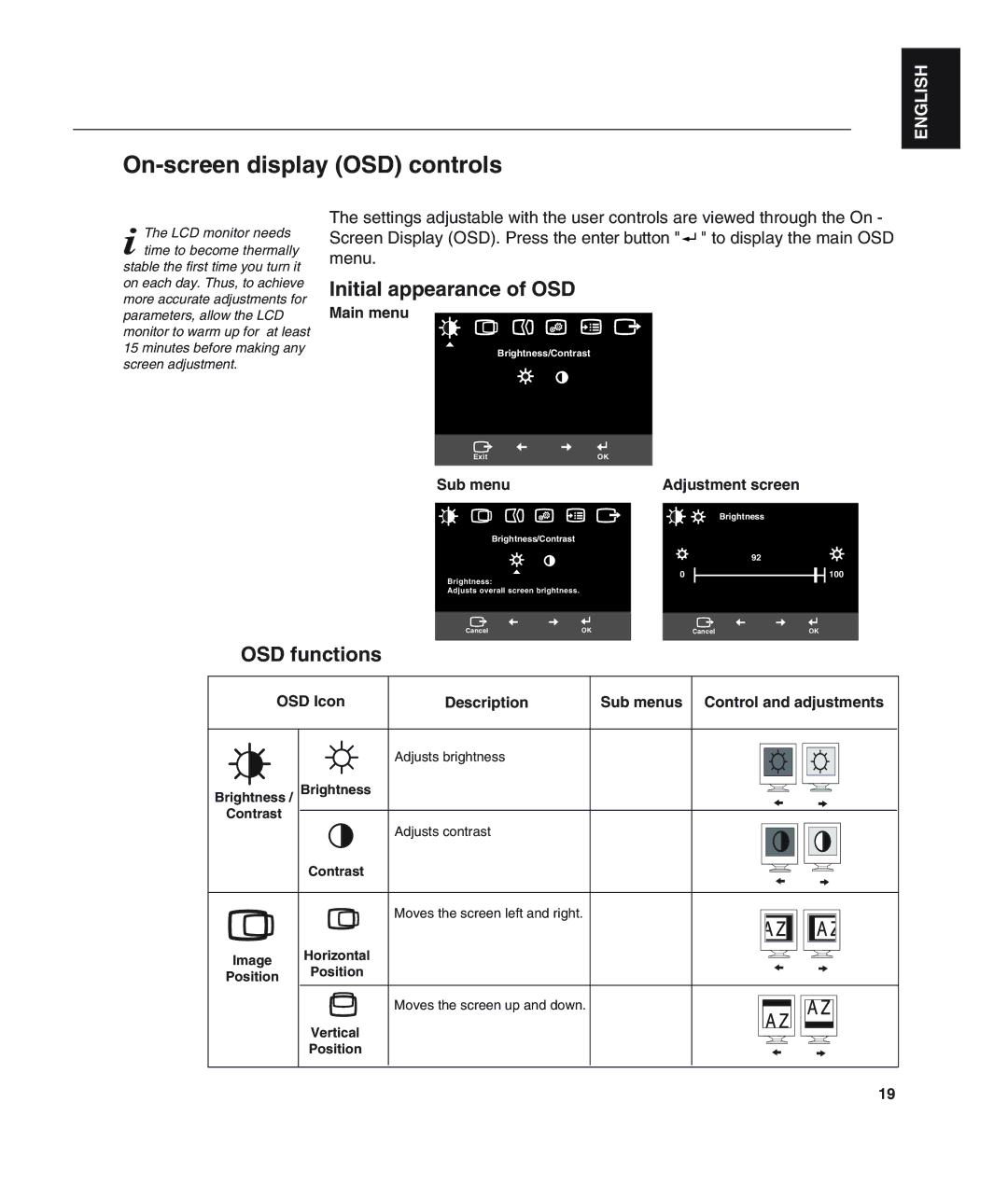 IBM L190 manual On-screen display OSD controls, Initial appearance of OSD 