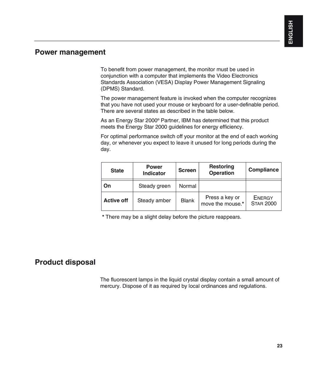 IBM L190 manual Power management, Product disposal, Move the mouse TAR 