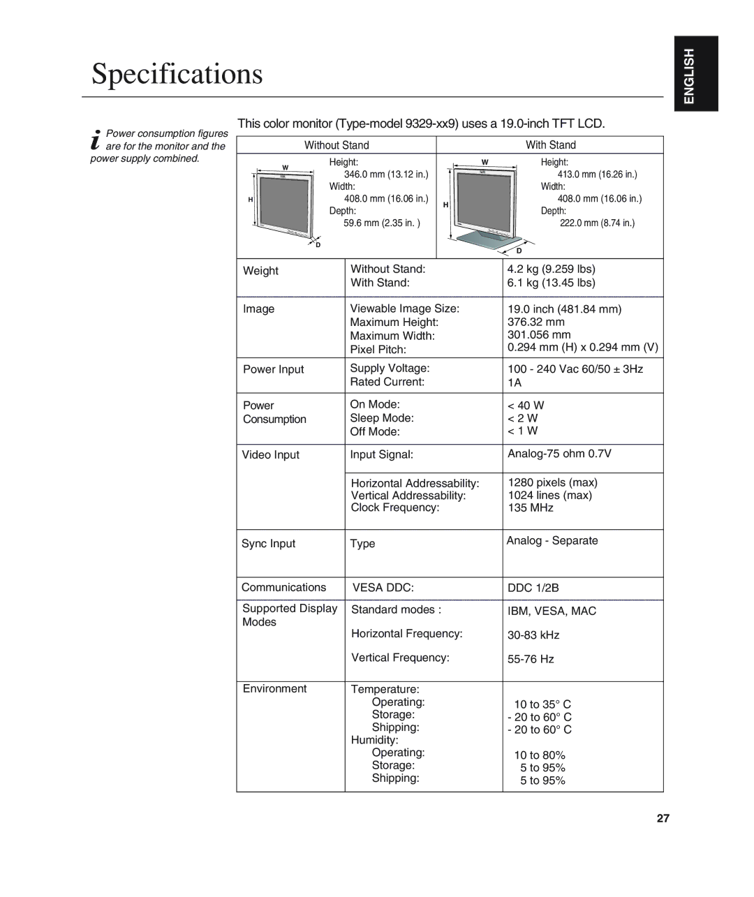 IBM L190 manual Specifications, Without Stand With Stand 