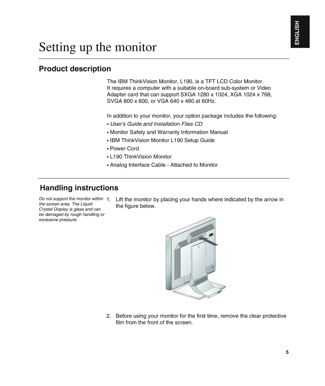 IBM L190 manual Setting up the monitor, Product description, Handling instructions 