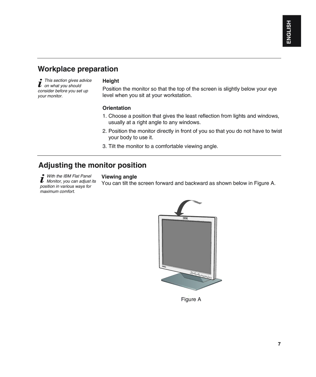 IBM L190 manual Workplace preparation, Adjusting the monitor position, Height, Orientation, Viewing angle 