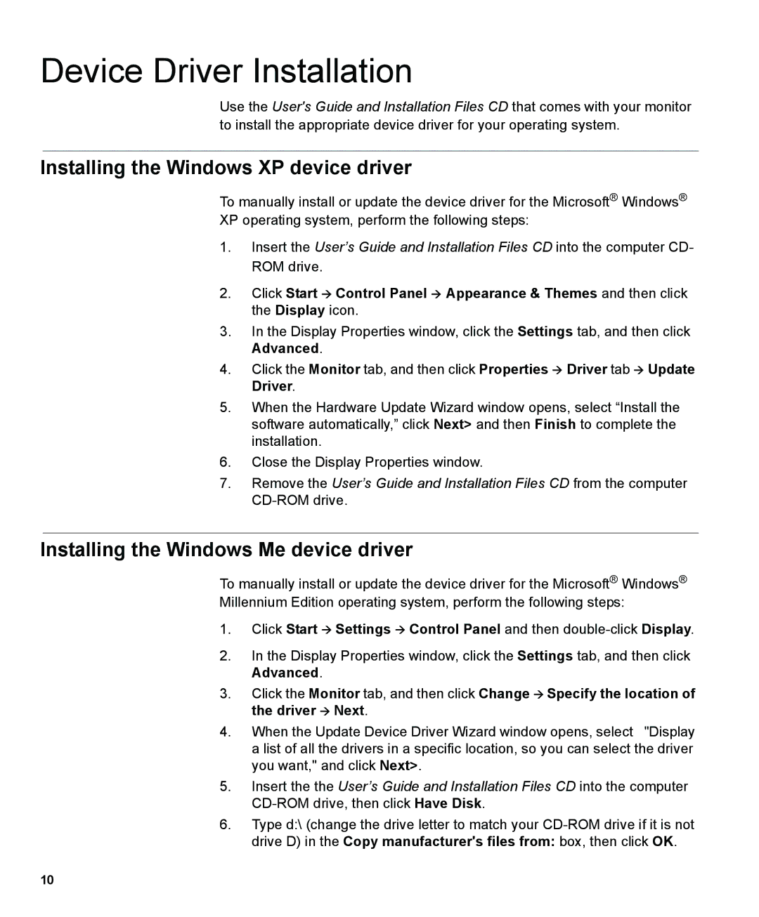 IBM L190P Device Driver Installation, Installing the Windows XP device driver, Installing the Windows Me device driver 