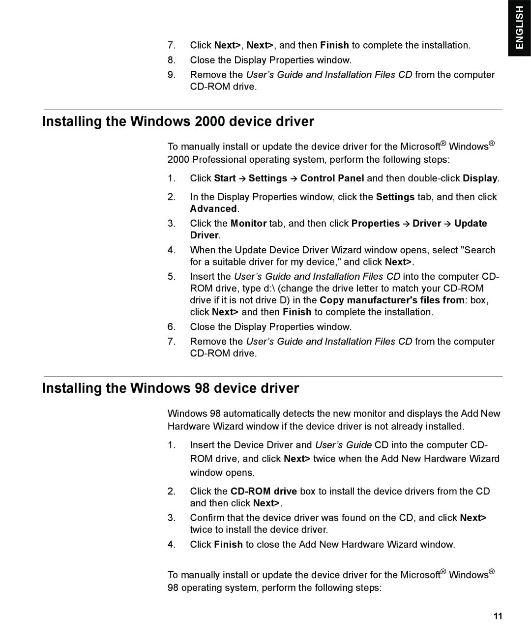 IBM L190P manual Installing the Windows 2000 device driver, Installing the Windows 98 device driver 