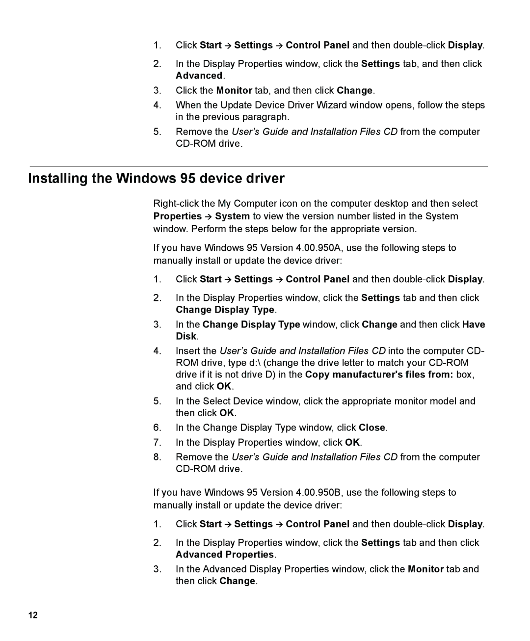 IBM L190P manual Installing the Windows 95 device driver 