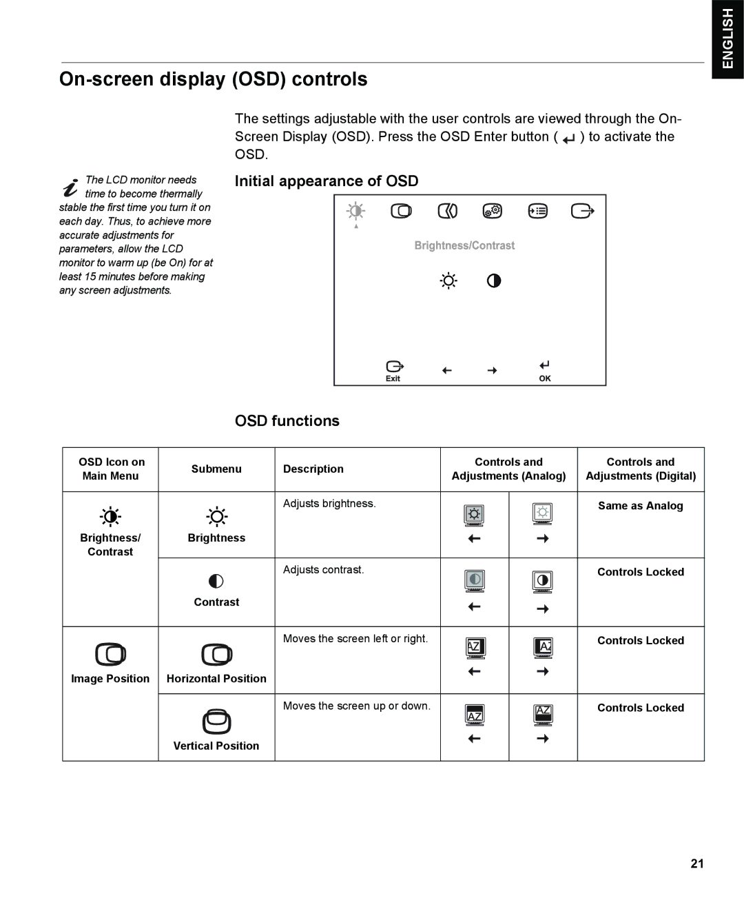 IBM L190P manual On-screen display OSD controls, Initial appearance of OSD OSD functions 