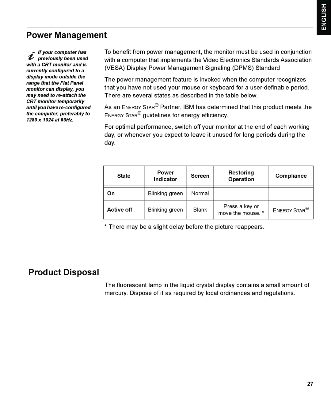 IBM L190P manual Power Management, Product Disposal 