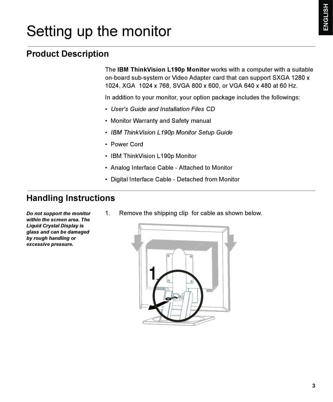 IBM L190P manual Setting up the monitor, Product Description, Handling Instructions 