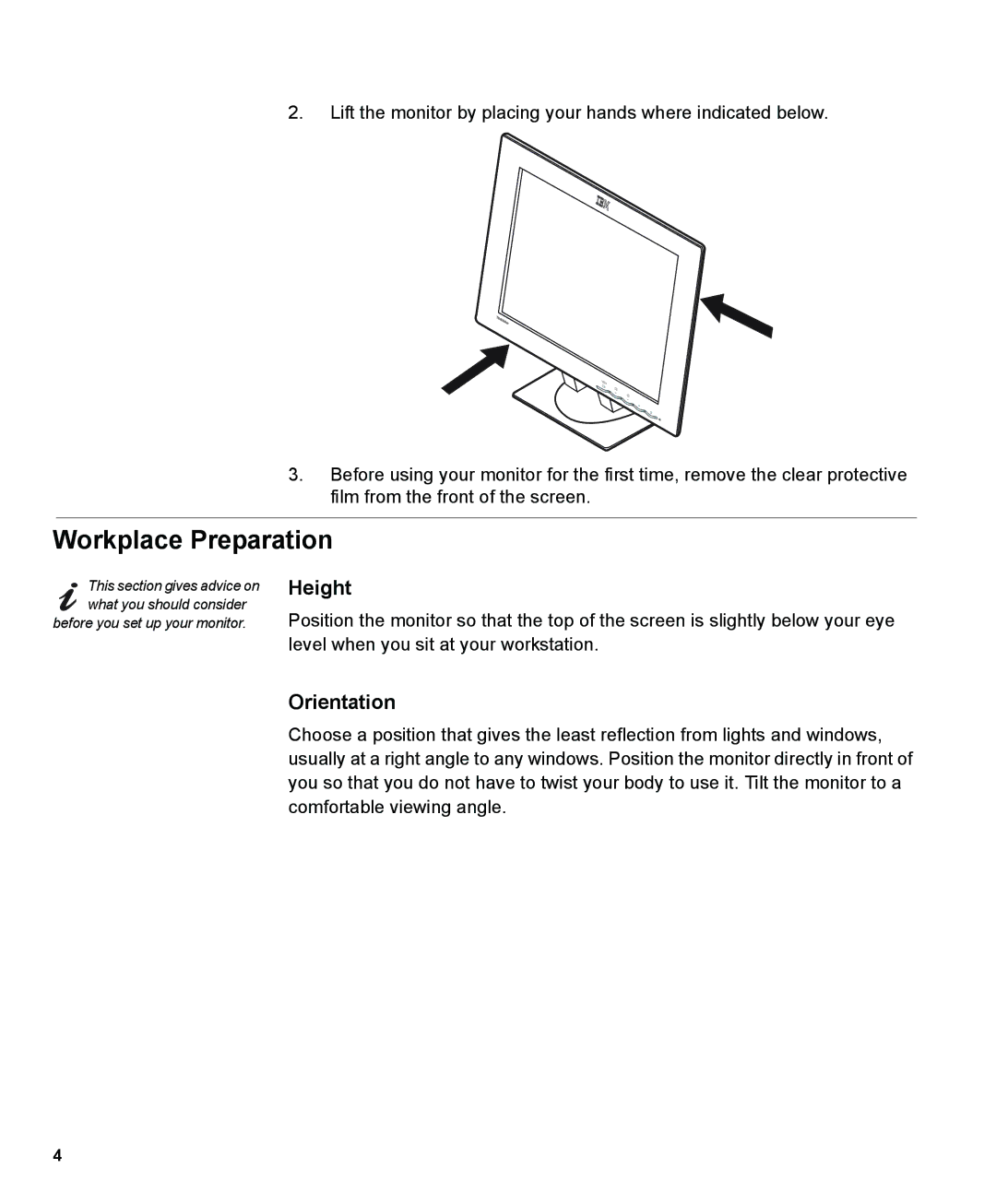 IBM L190P manual Workplace Preparation, Height, Orientation 