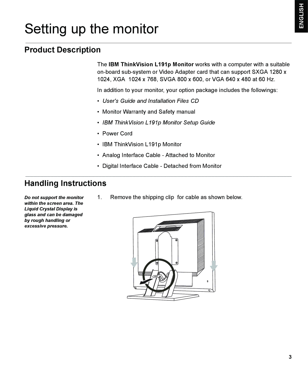 IBM L191p manual Setting up the monitor, Product Description, Handling Instructions 