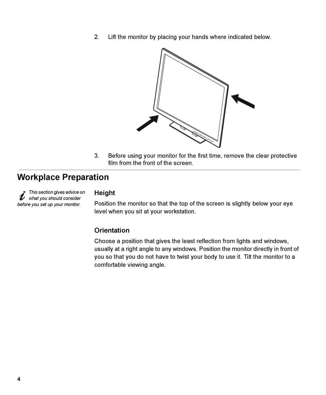 IBM L191p manual Workplace Preparation, Height, Orientation 