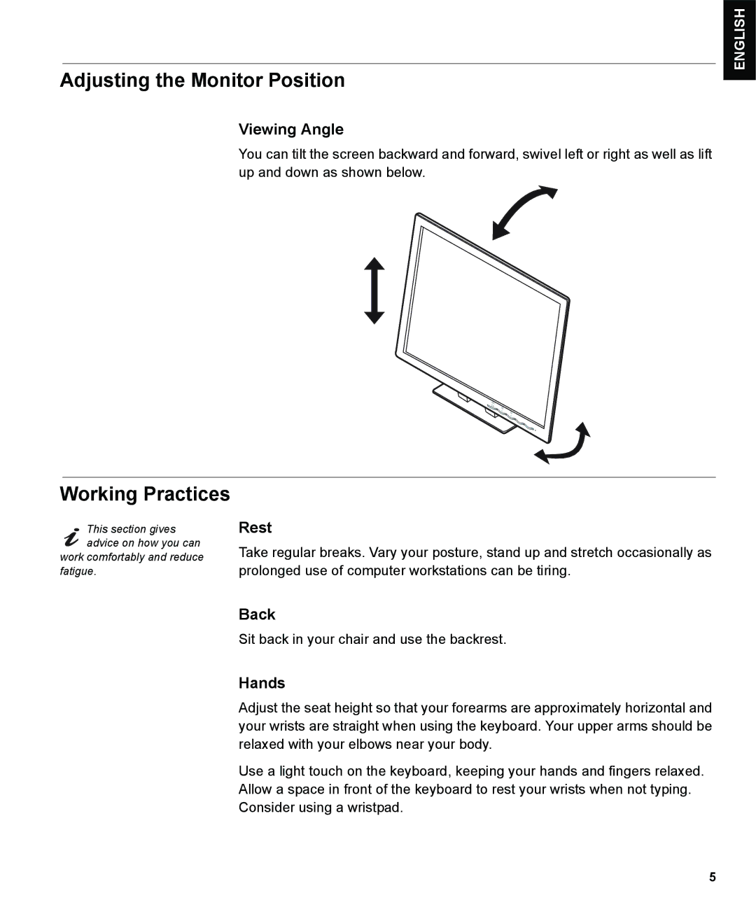 IBM L191p manual Adjusting the Monitor Position, Working Practices, Viewing Angle, Back, Hands 