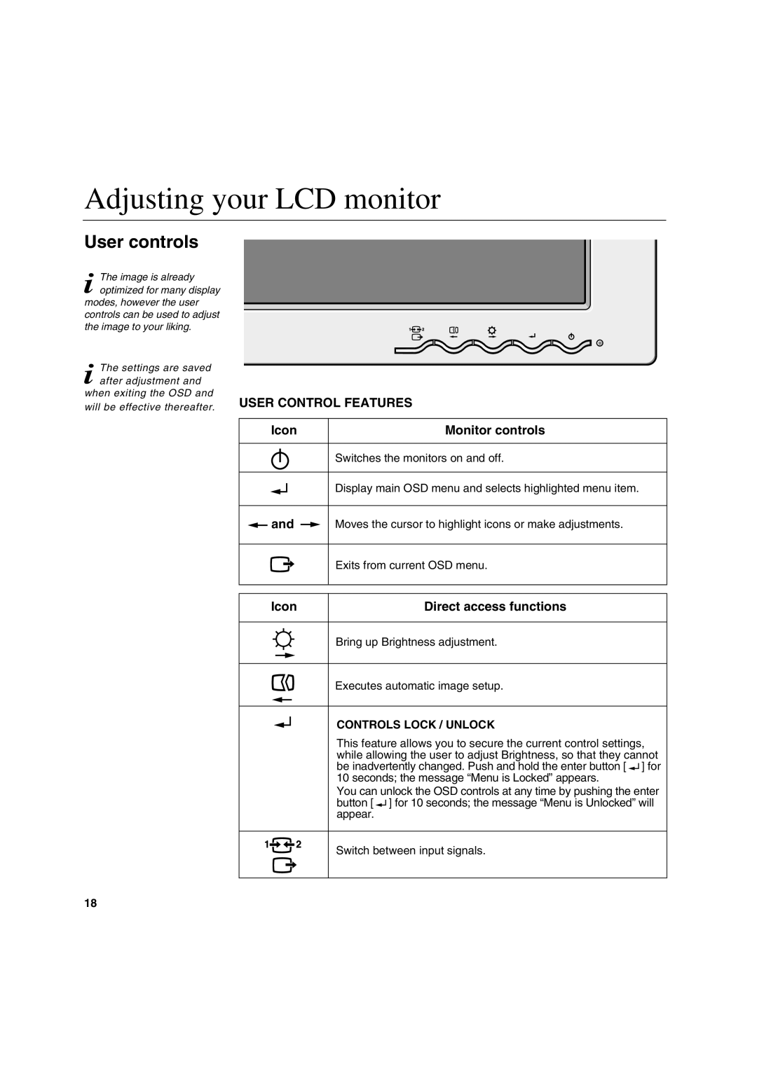 IBM L200p manual Adjusting your LCD monitor, User controls, Icon Monitor controls, Icon Direct access functions 