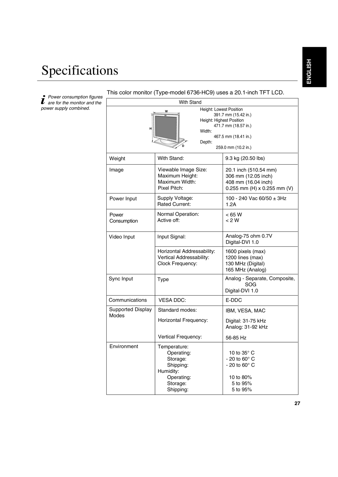 IBM L200p manual Specifications, With Stand 