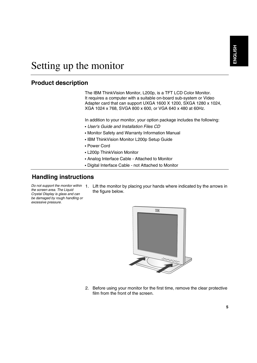 IBM L200p manual Setting up the monitor, Product description, Handling instructions 