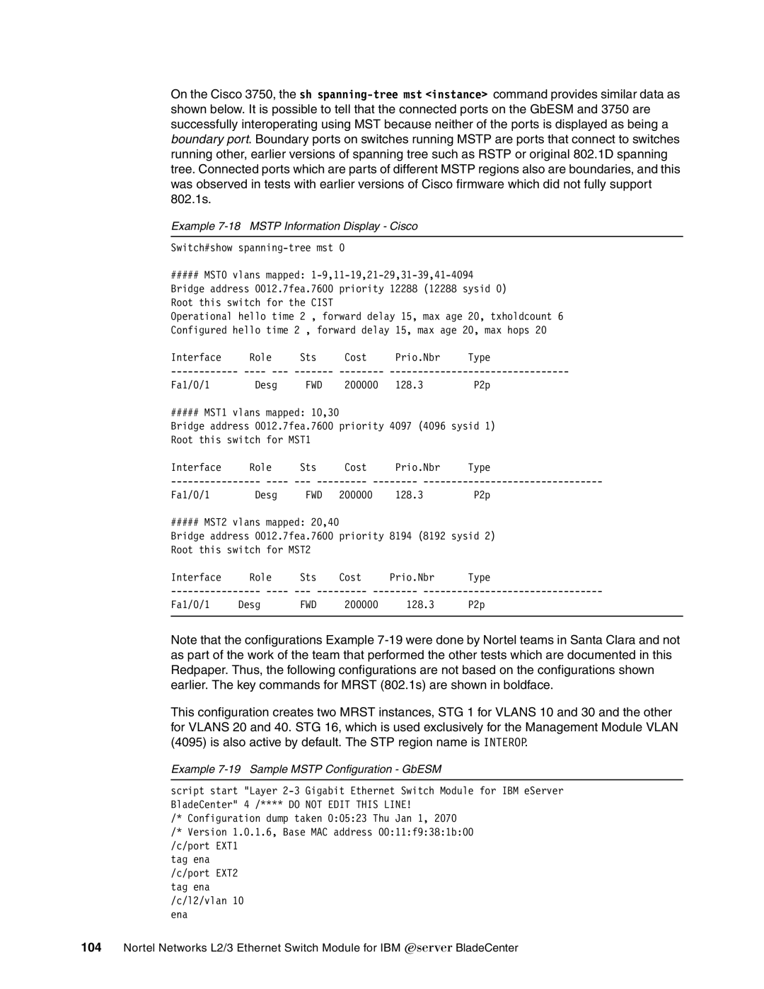 IBM L2/3 manual Example 7-18 Mstp Information Display Cisco, Example 7-19 Sample Mstp Configuration GbESM 