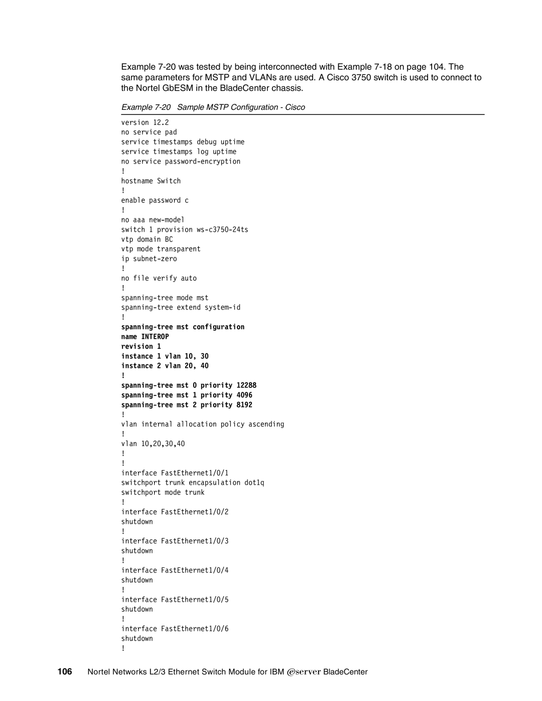 IBM L2/3 manual Example 7-20 Sample Mstp Configuration Cisco 