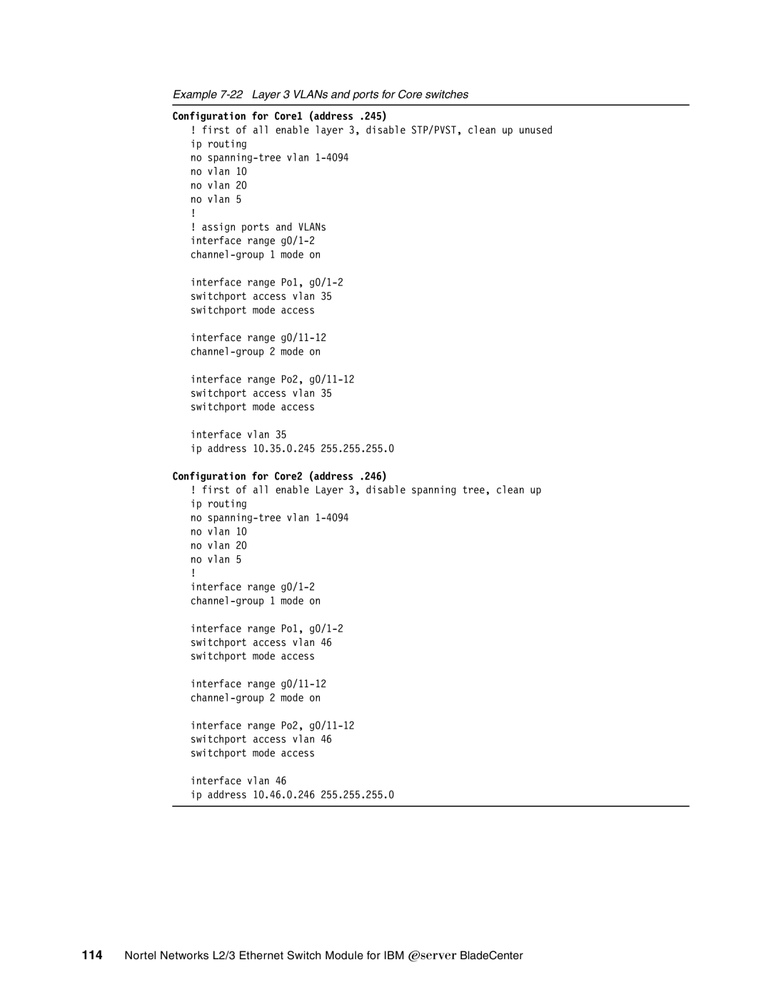 IBM L2/3 manual Example 7-22 Layer 3 VLANs and ports for Core switches, Configuration for Core1 address 