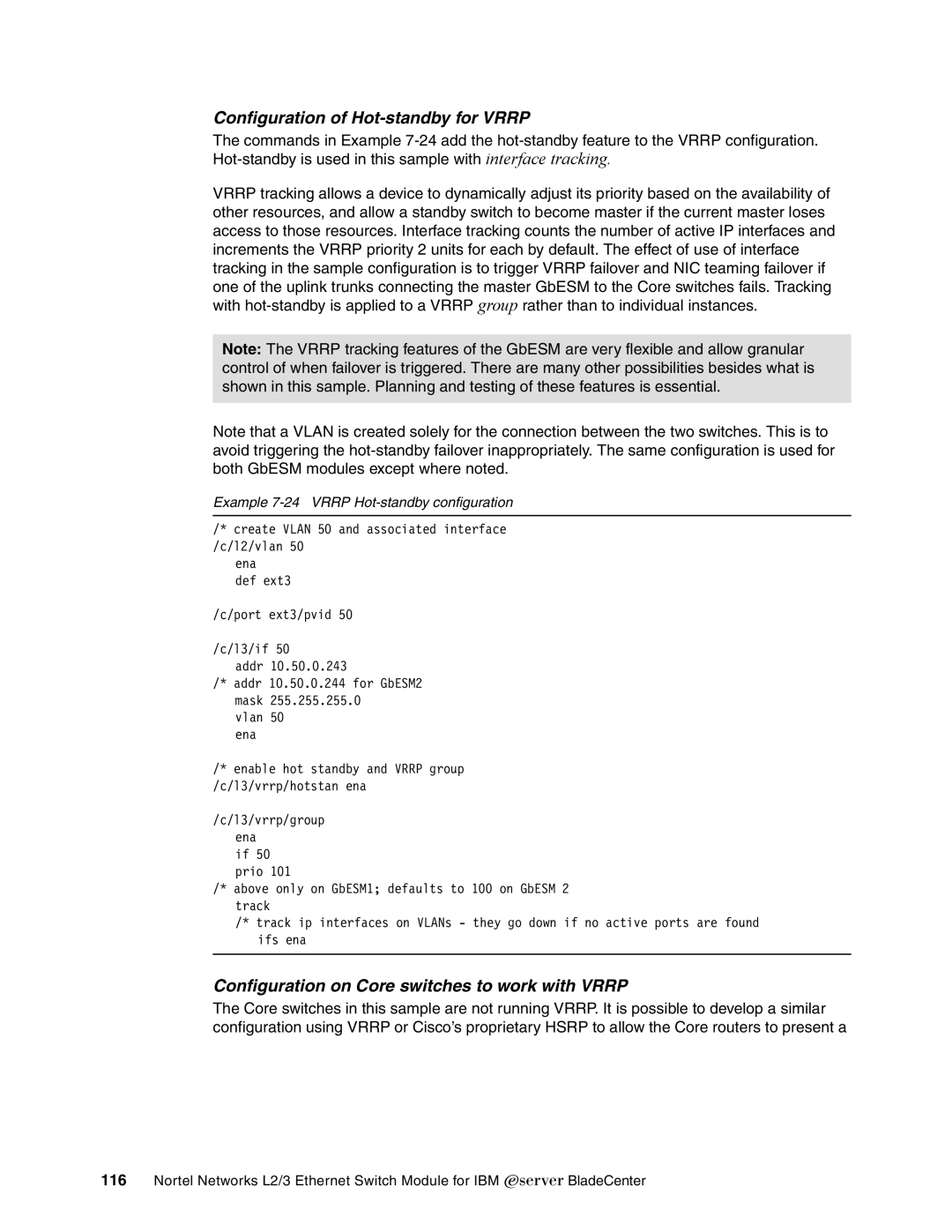 IBM L2/3 manual Configuration of Hot-standby for Vrrp, Example 7-24 Vrrp Hot-standby configuration 