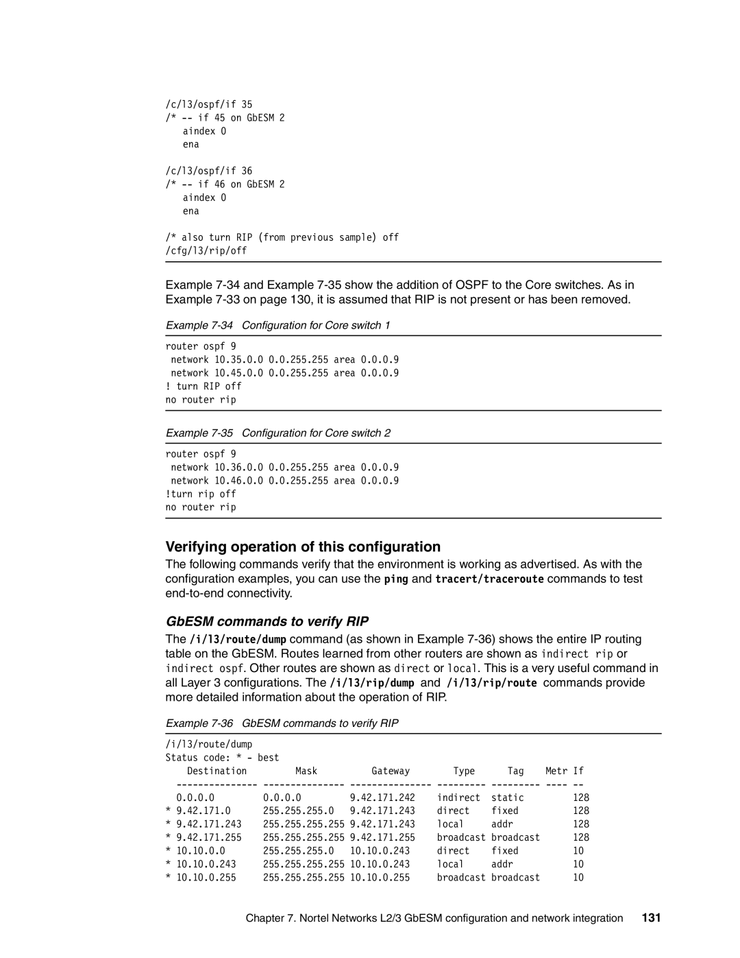 IBM L2/3 manual Verifying operation of this configuration, Example 7-34 Configuration for Core switch 