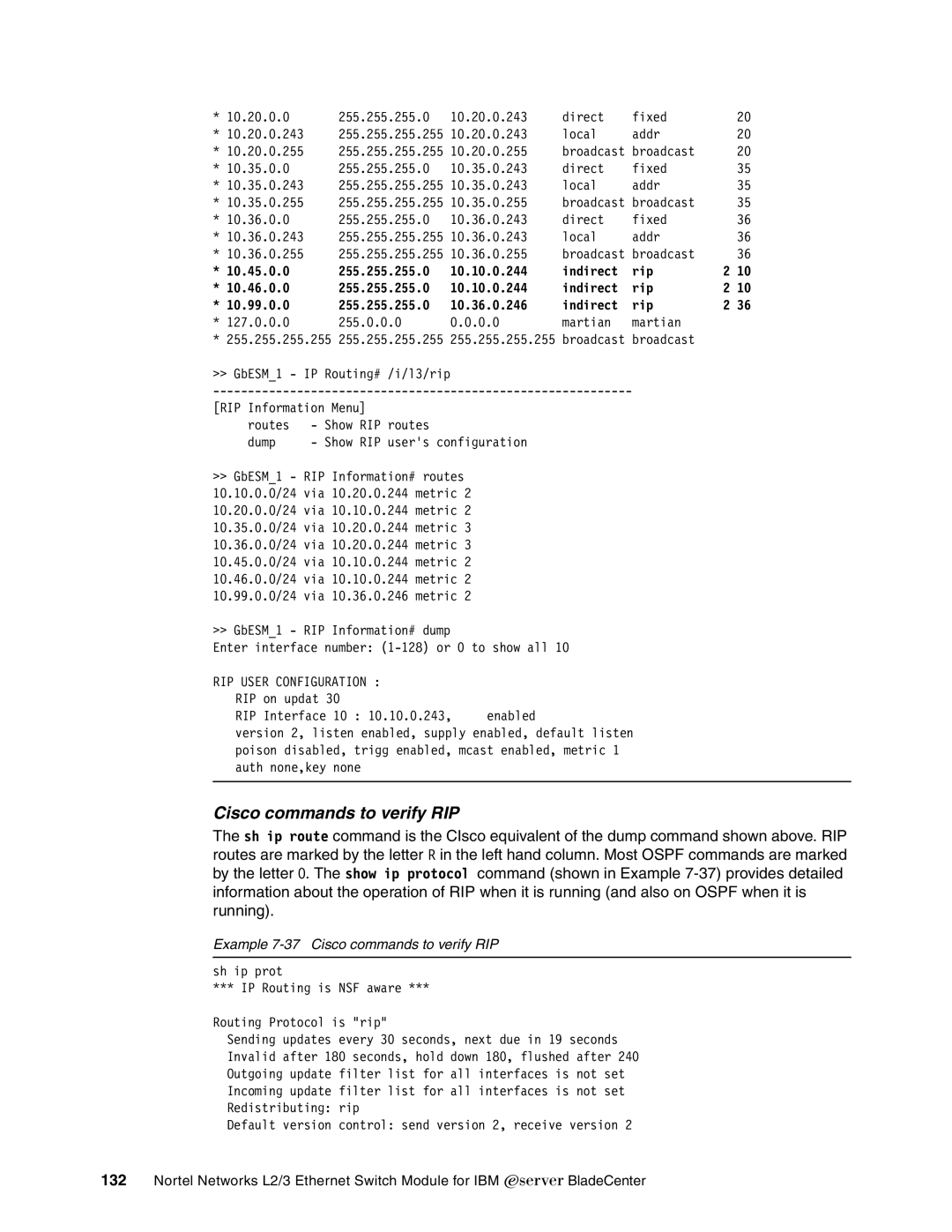 IBM L2/3 manual RIP User Configuration, Example 7-37 Cisco commands to verify RIP 