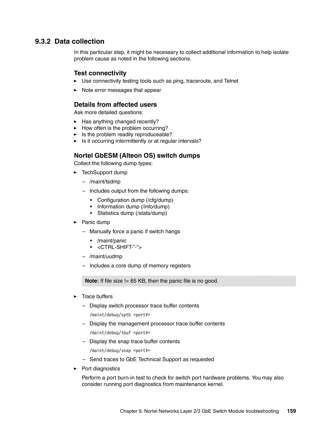 IBM L2/3 manual Data collection, Test connectivity, Details from affected users, Nortel GbESM Alteon OS switch dumps 