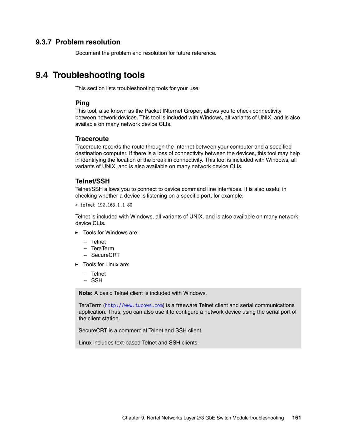 IBM L2/3 manual Troubleshooting tools, Problem resolution, Ping, Traceroute, Telnet/SSH 