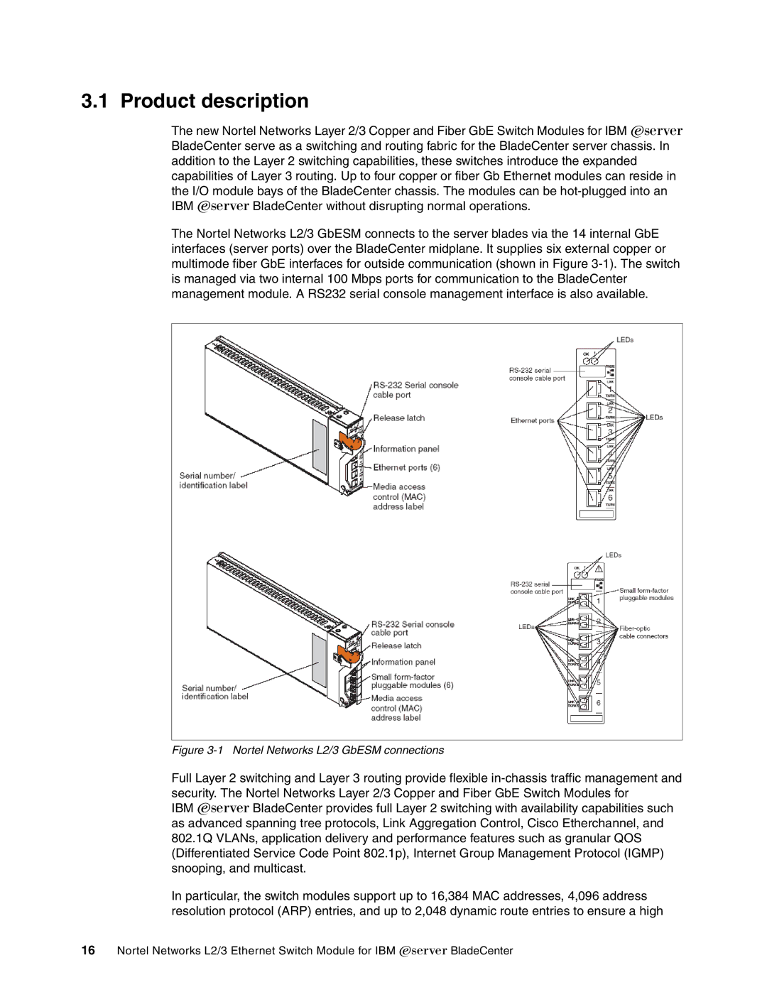 IBM manual Product description, Nortel Networks L2/3 GbESM connections 