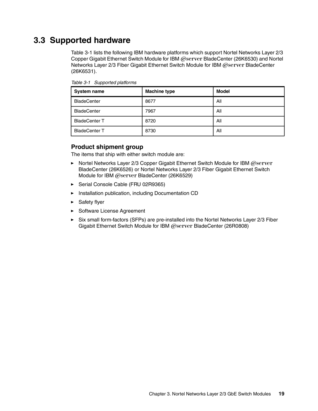 IBM L2/3 manual Supported hardware, Product shipment group, Supported platforms 