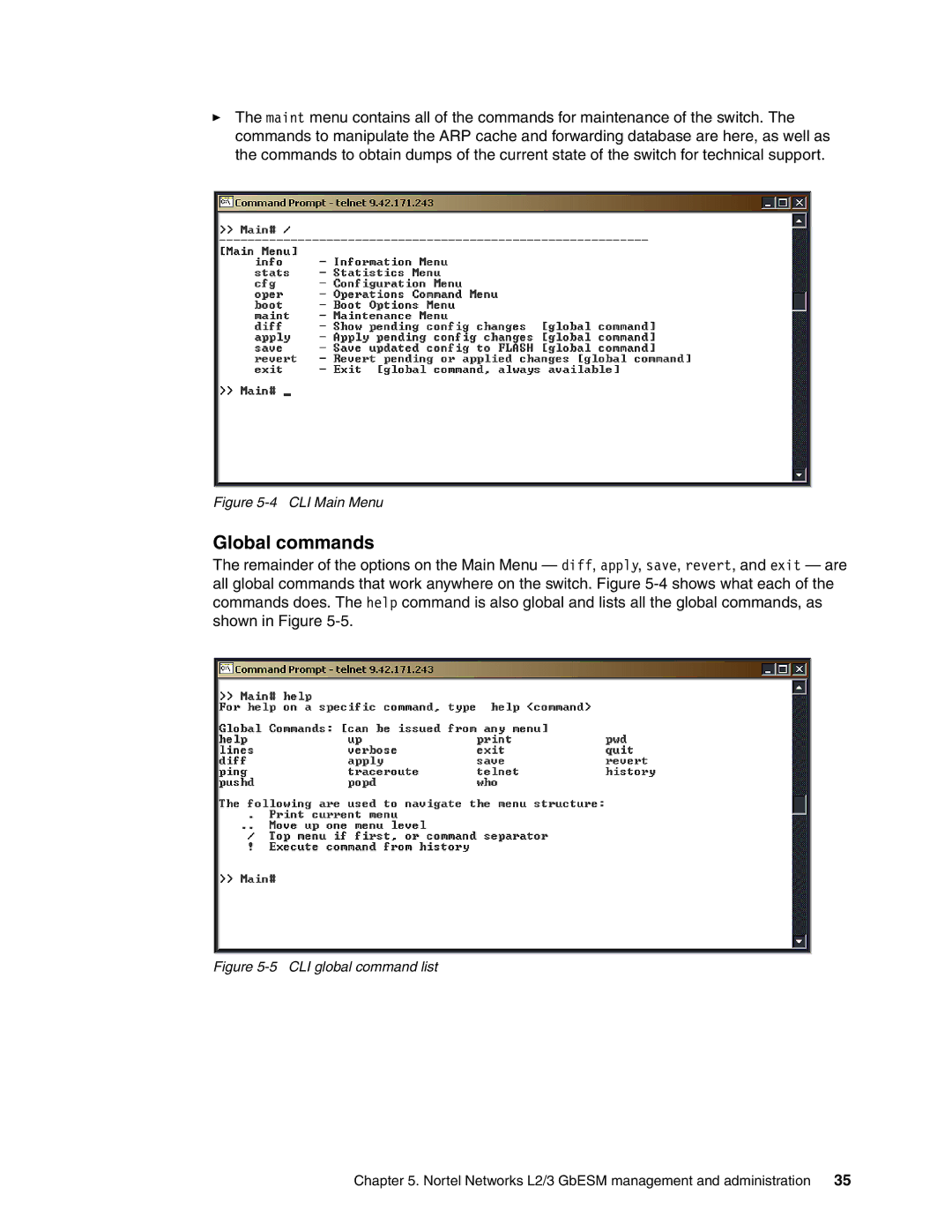 IBM L2/3 manual Global commands, CLI Main Menu 