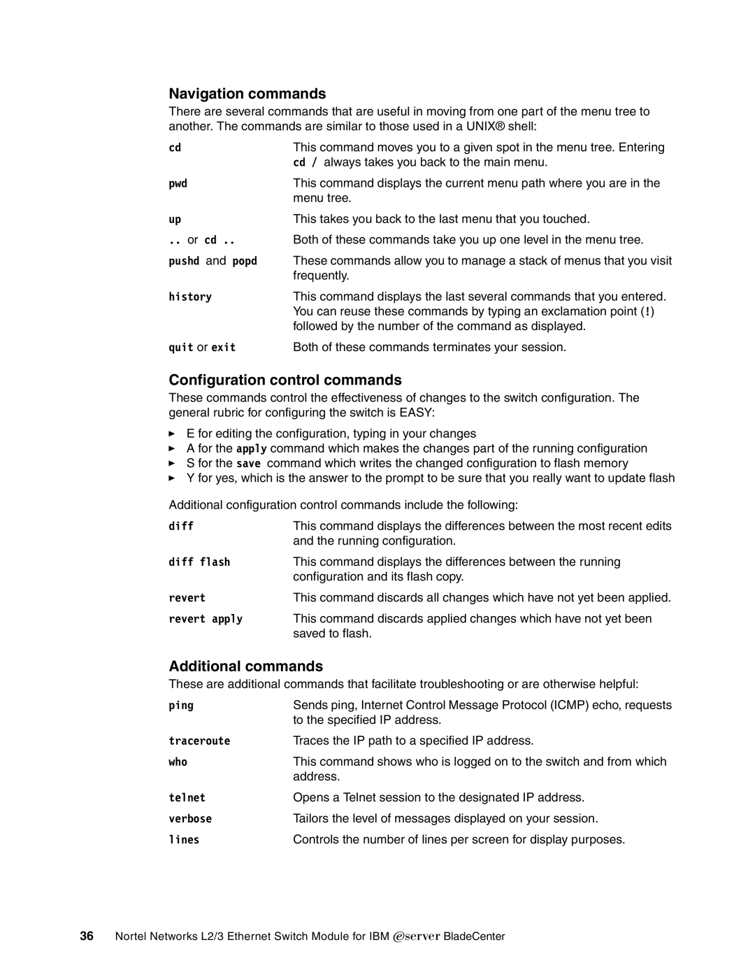 IBM L2/3 manual Navigation commands, Configuration control commands, Additional commands 