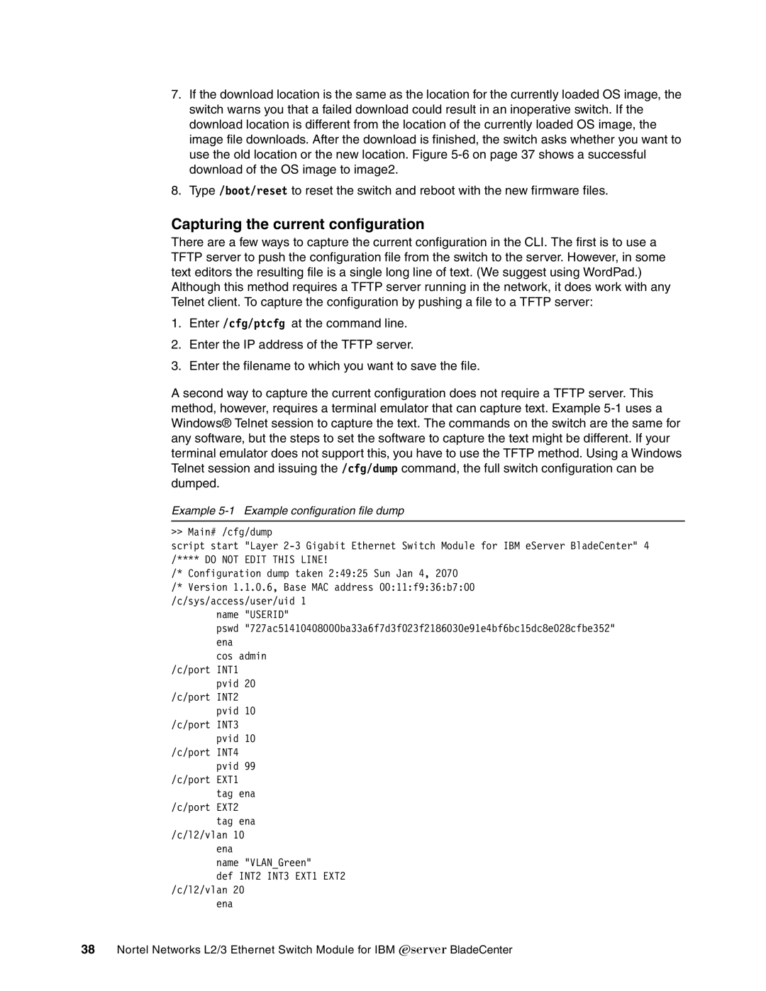 IBM L2/3 manual Capturing the current configuration, Example 5-1 Example configuration file dump 