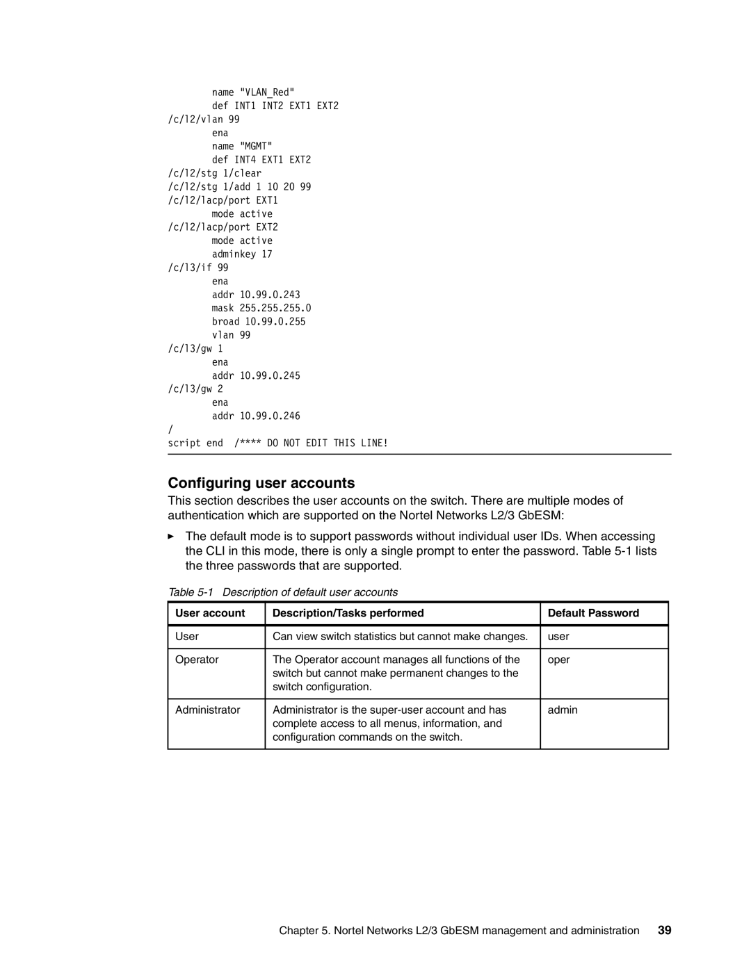 IBM L2/3 manual Configuring user accounts, Description of default user accounts 