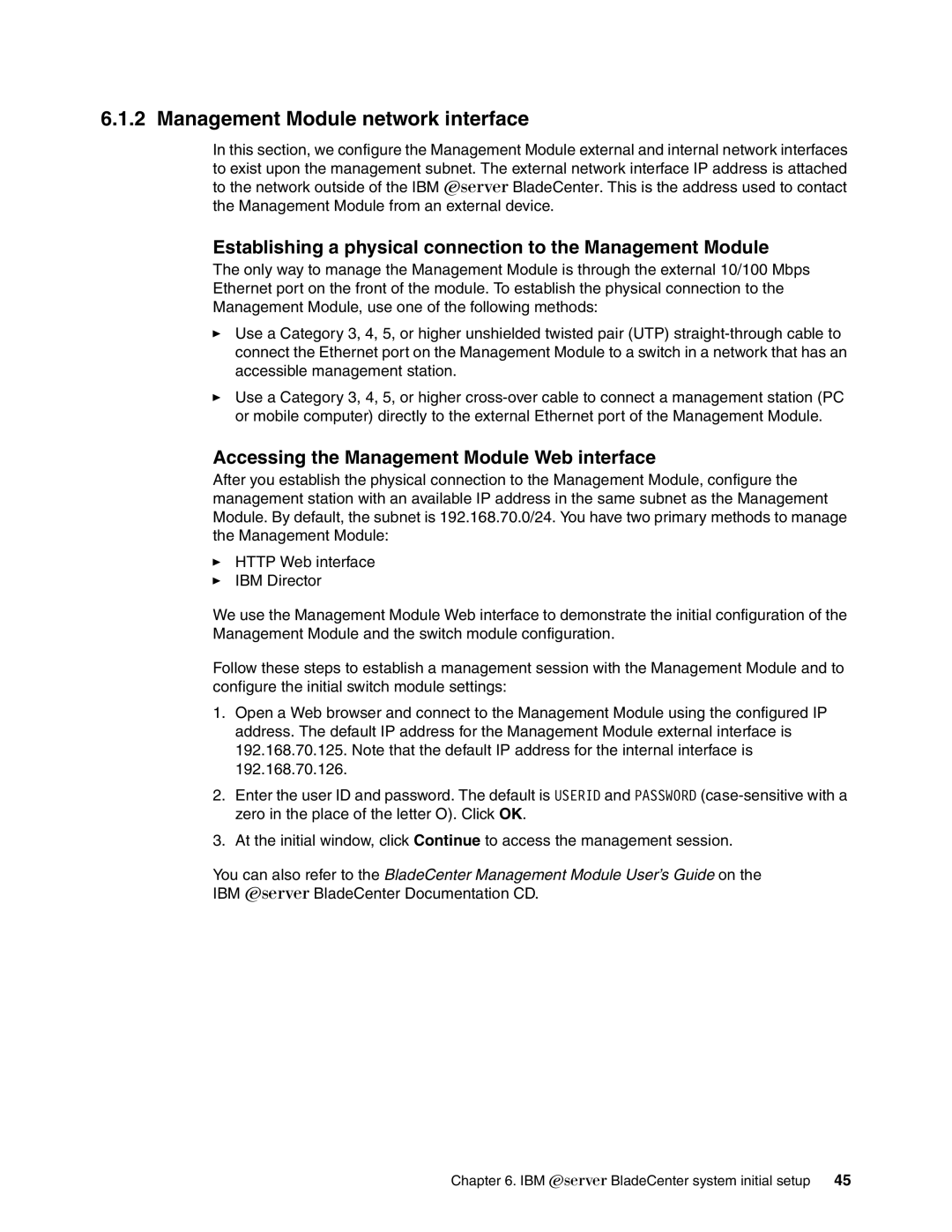 IBM L2/3 manual Management Module network interface, Establishing a physical connection to the Management Module 