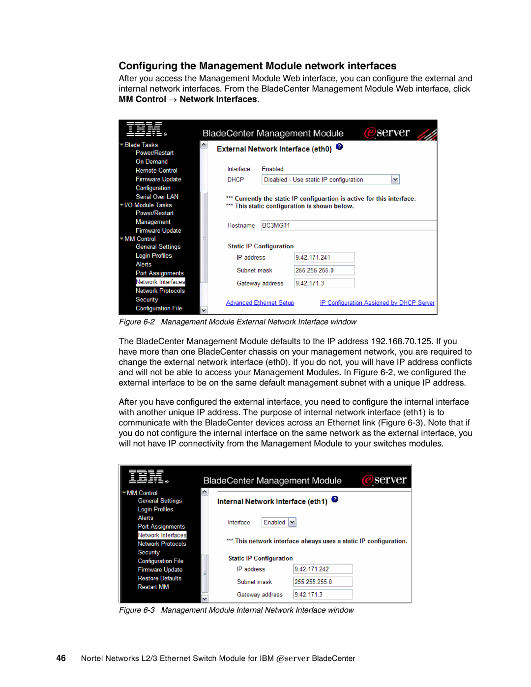 IBM L2/3 manual Configuring the Management Module network interfaces, Management Module External Network Interface window 