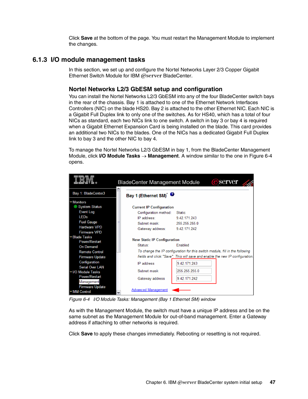 IBM manual 3 I/O module management tasks, Nortel Networks L2/3 GbESM setup and configuration 