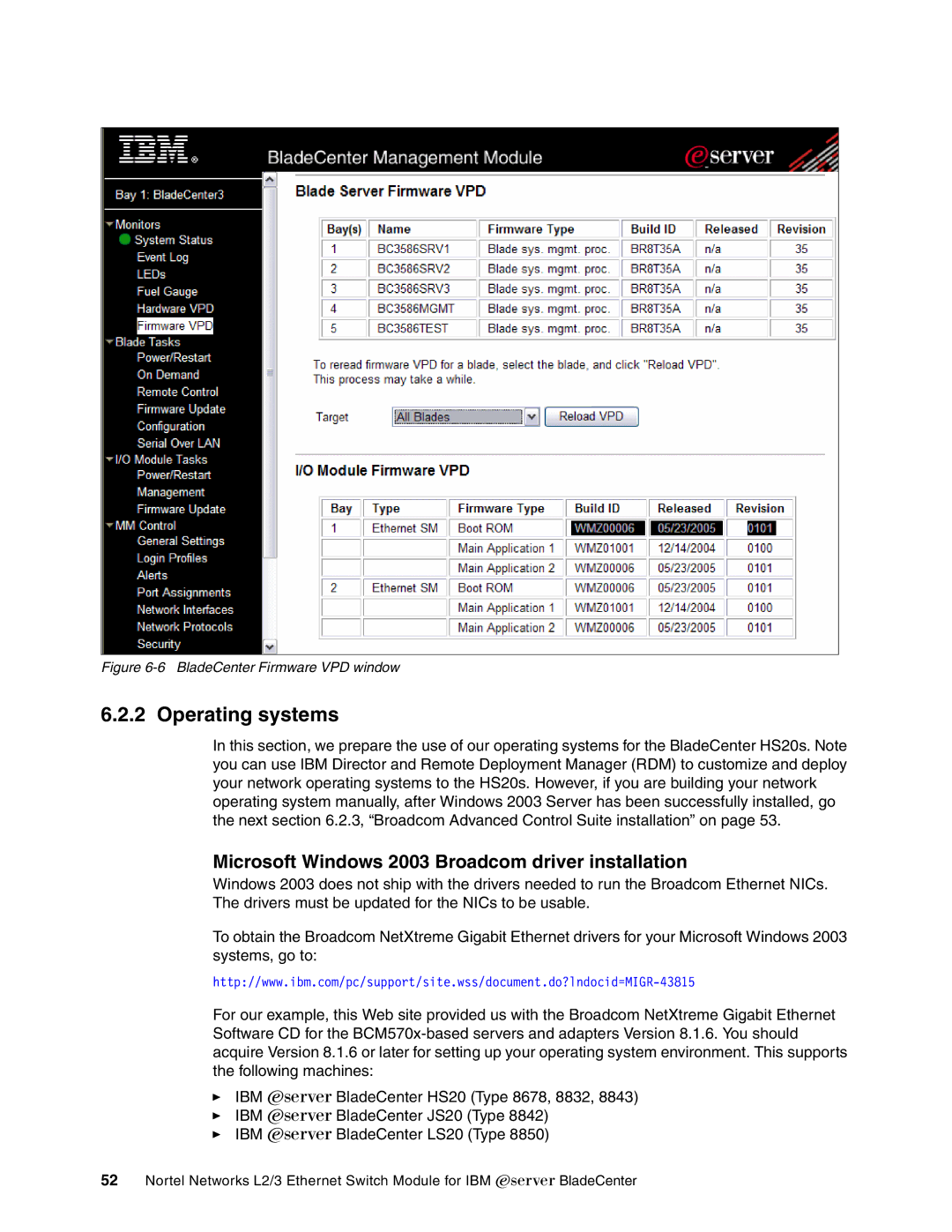 IBM L2/3 manual Operating systems, Microsoft Windows 2003 Broadcom driver installation 