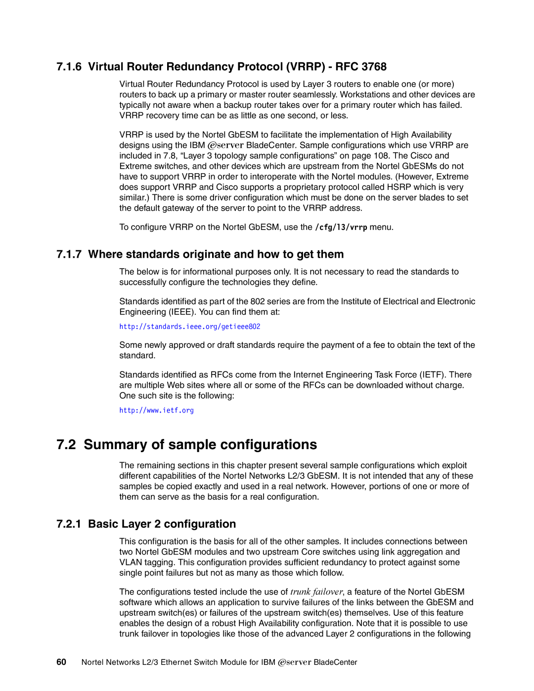 IBM L2/3 manual Summary of sample configurations, Virtual Router Redundancy Protocol Vrrp RFC, Basic Layer 2 configuration 