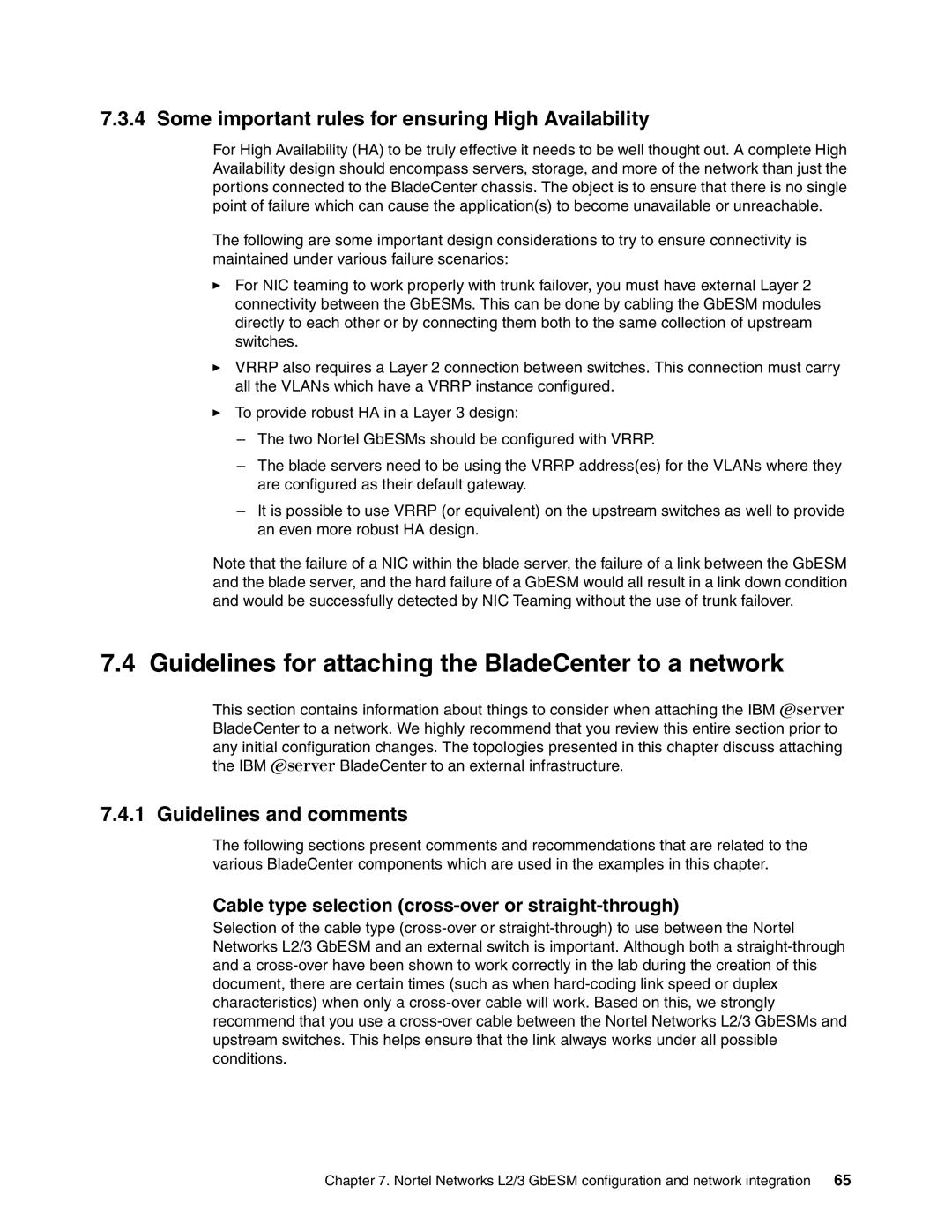 IBM L2/3 manual Guidelines for attaching the BladeCenter to a network, Some important rules for ensuring High Availability 