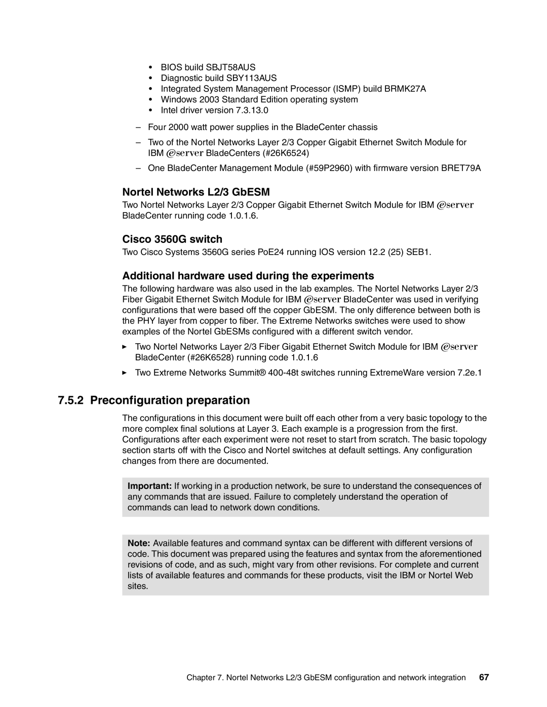 IBM manual Preconfiguration preparation, Nortel Networks L2/3 GbESM, Cisco 3560G switch 