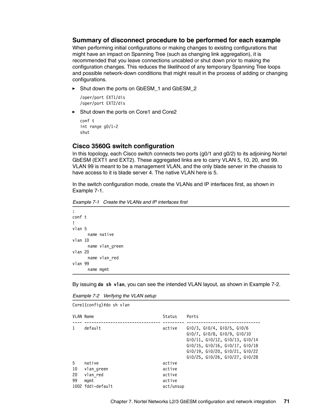 IBM L2/3 manual Cisco 3560G switch configuration, Example 7-1 Create the VLANs and IP interfaces first 