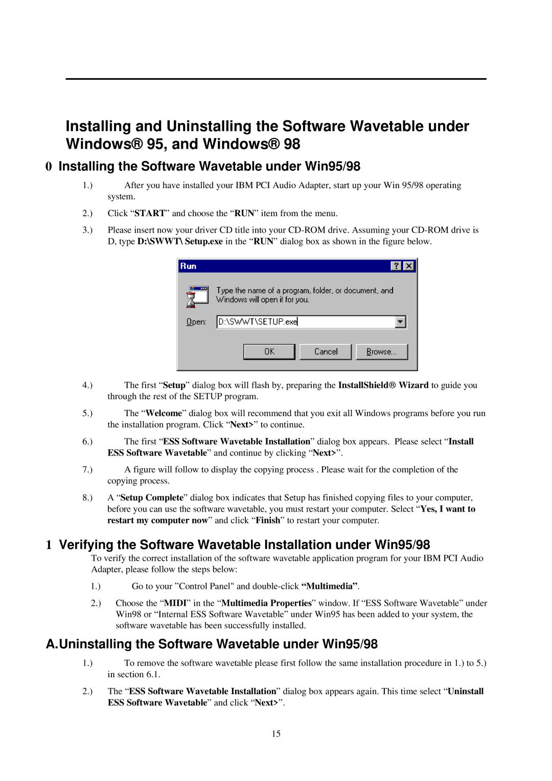 IBM L70 manual Installing the Software Wavetable under Win95/98, Uninstalling the Software Wavetable under Win95/98 