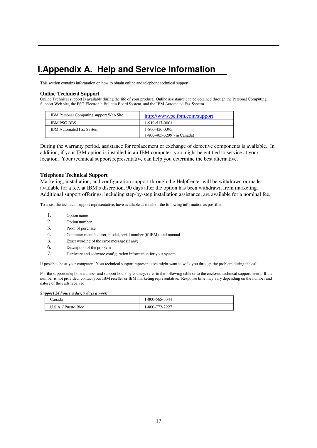 IBM L70 manual Appendix A. Help and Service Information, Online Technical Support, Telephone Technical Support 