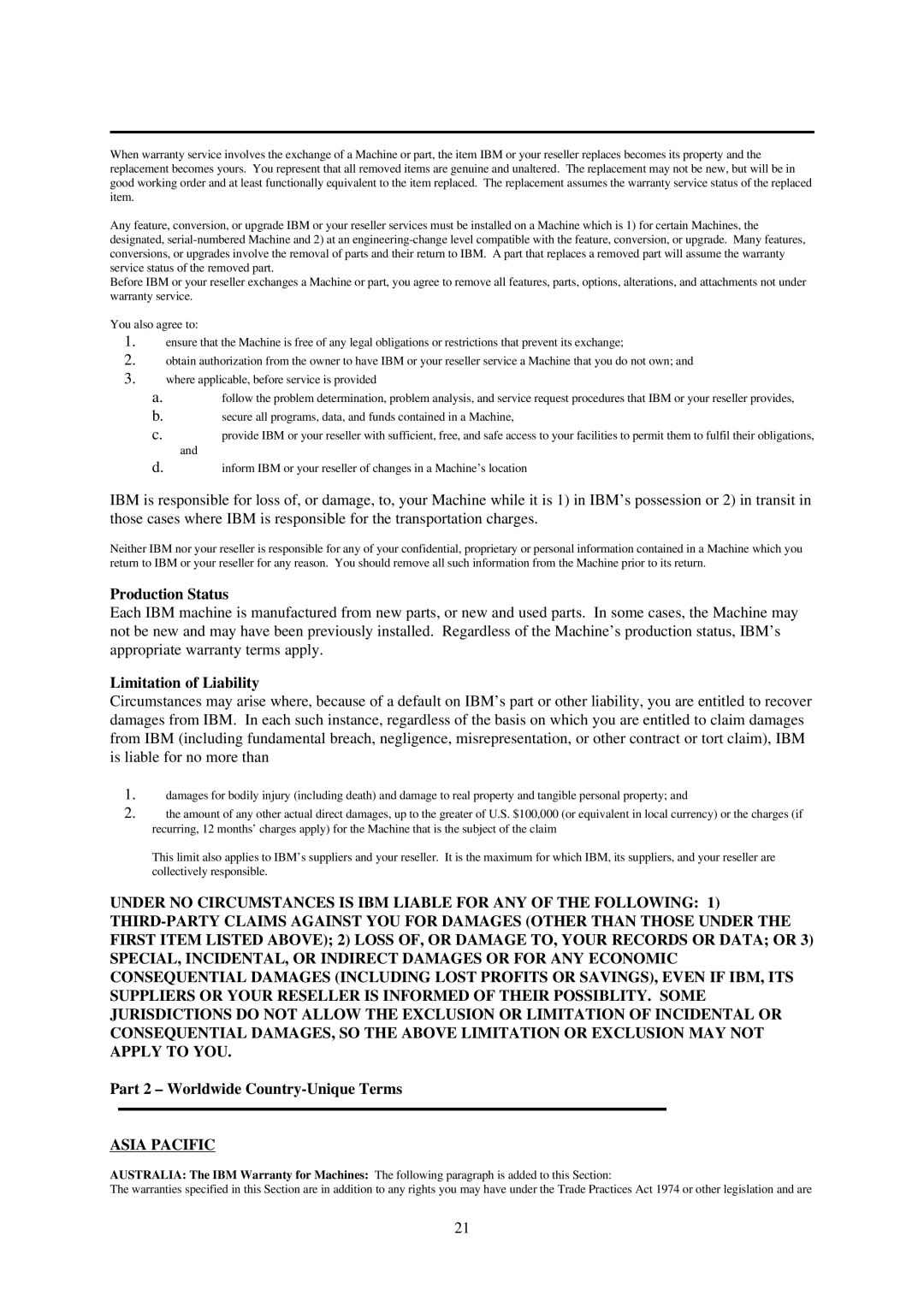 IBM L70 manual Production Status, Limitation of Liability, Part 2 Worldwide Country-Unique Terms 