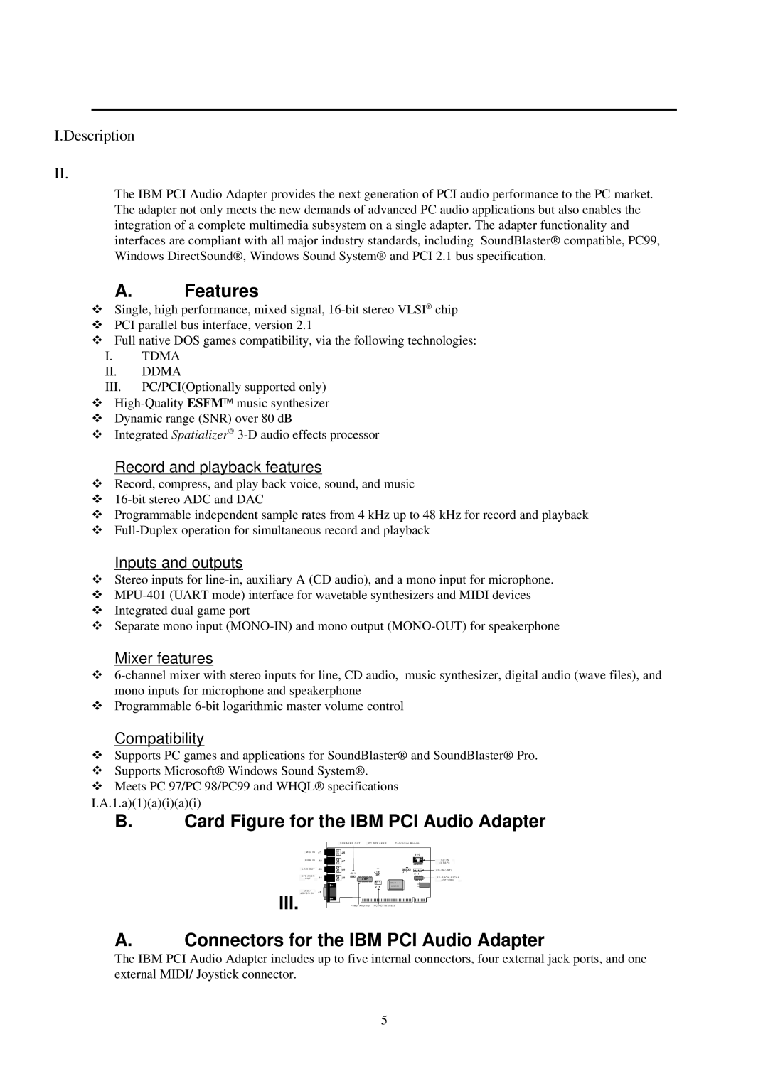 IBM L70 manual Features, Card Figure for the IBM PCI Audio Adapter, Connectors for the IBM PCI Audio Adapter 